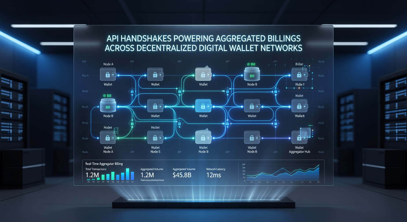 Diagram showing data flows during aggregated billing handshakes in decentralized wallet ecosystems
