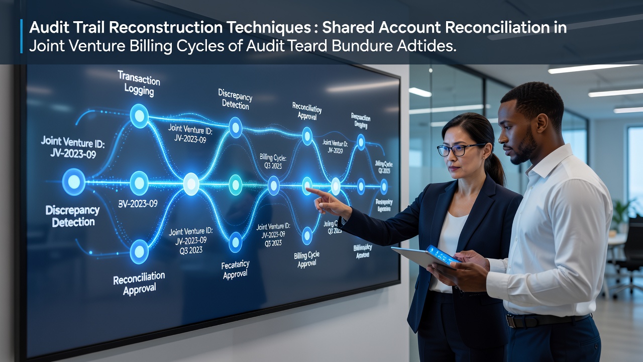 Audit trail reconstruction workflow diagram showing data logs from multiple joint venture partners merging into a unified reconciliation report