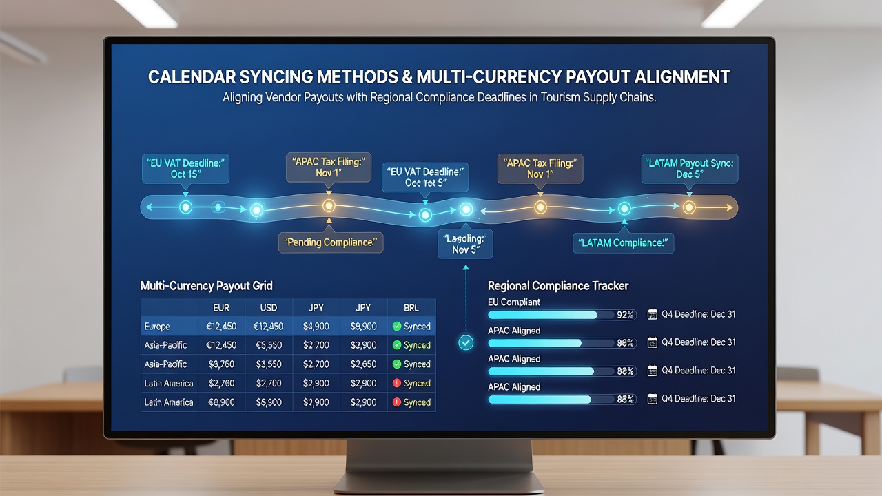Tourism supply chain calendar interface showing multi-currency payout schedules synced across European and Asian compliance deadlines