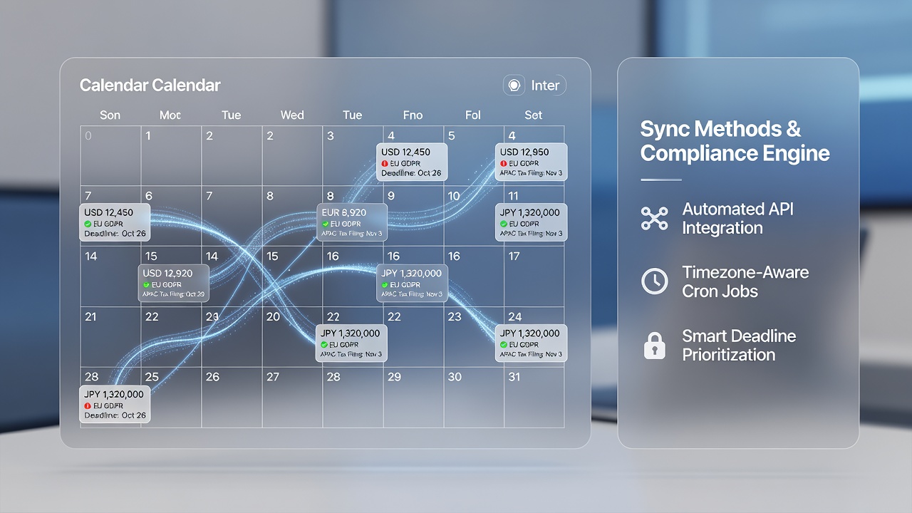 Dashboard view of synchronized payout calendars highlighting currency conversion timing before June 2026 regional deadlines