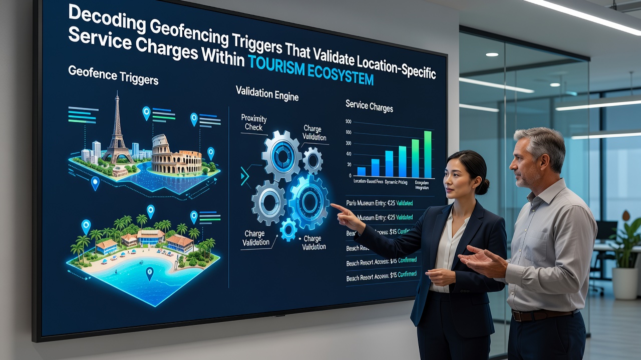 Tourists walking through a geofenced urban attraction area with overlaid digital triggers for service charges