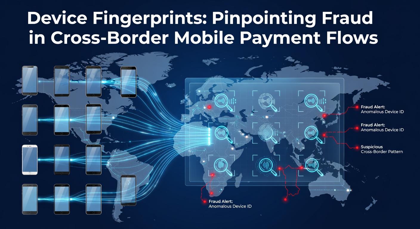 Digital visualization of device fingerprinting process analyzing mobile payment data streams across global borders