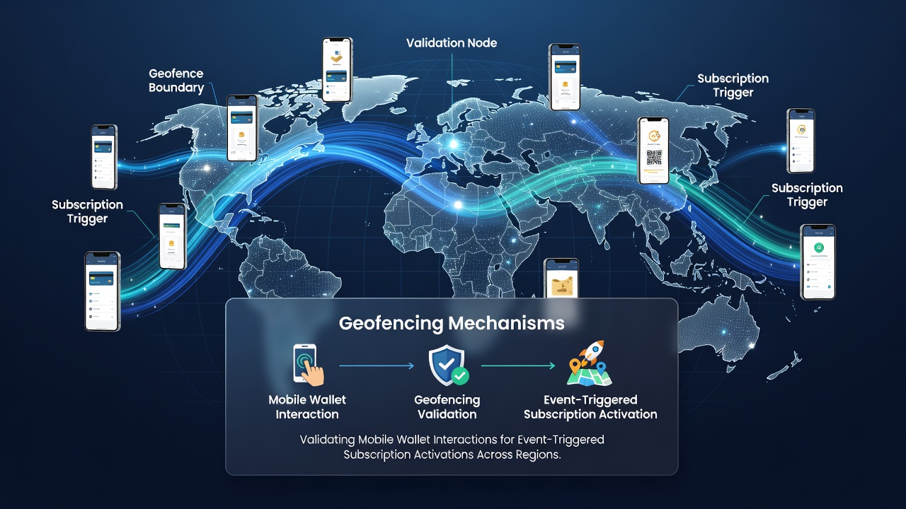 Geofencing boundaries overlaying a map with mobile wallet icons at event locations