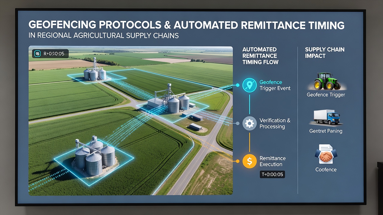 Automated payment confirmation screen linked to geofence crossing in an agricultural warehouse setting