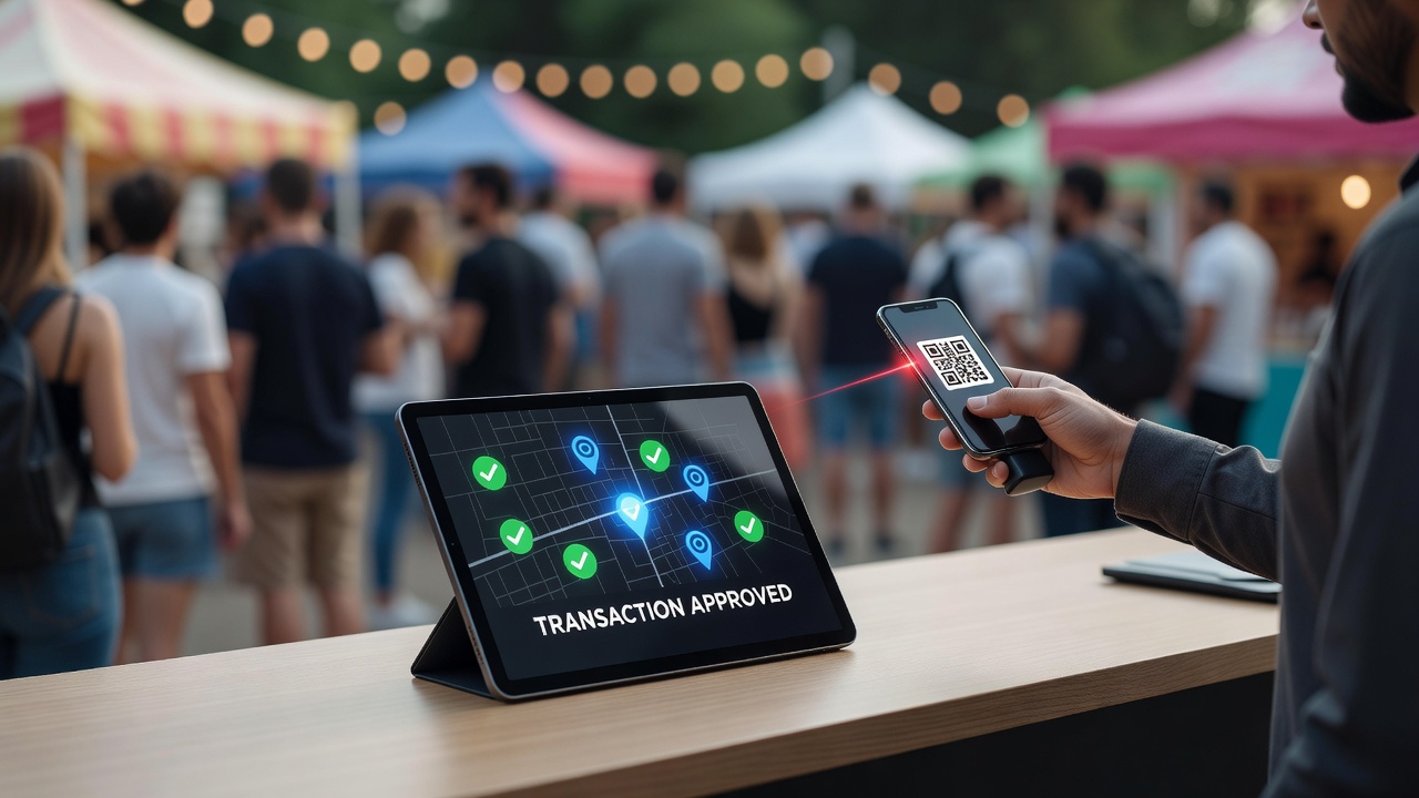 Festival crowds surrounding pop-up shops where geolocation markers assist transaction approvals