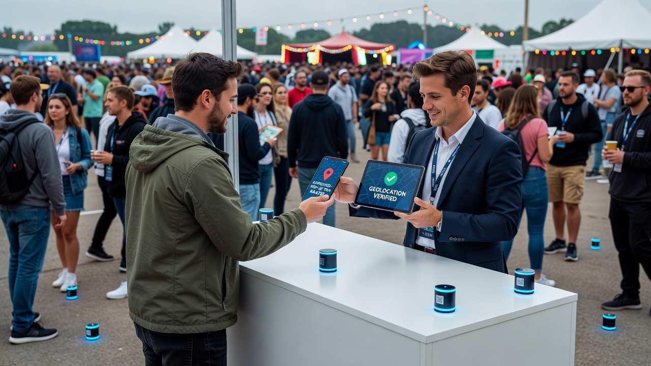 Close-up of payment terminal using geolocation markers at a festival pop-up shop