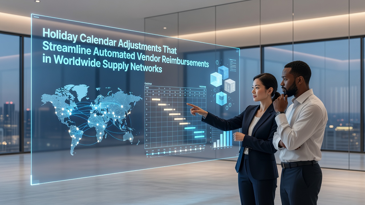 Global supply network visualization showing interconnected vendor payment flows across multiple time zones and holiday schedules