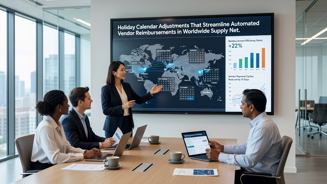Automated reimbursement dashboard displaying synchronized holiday calendars and vendor payment timelines