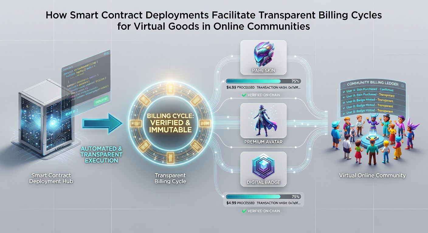 Smart contract code interface displaying automated billing transactions for virtual items in an online community platform