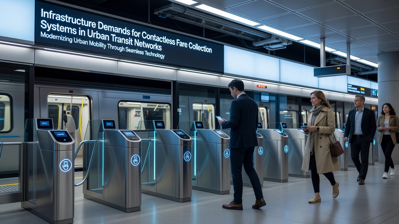 Urban transit station with contactless fare readers and commuters tapping cards at entry gates