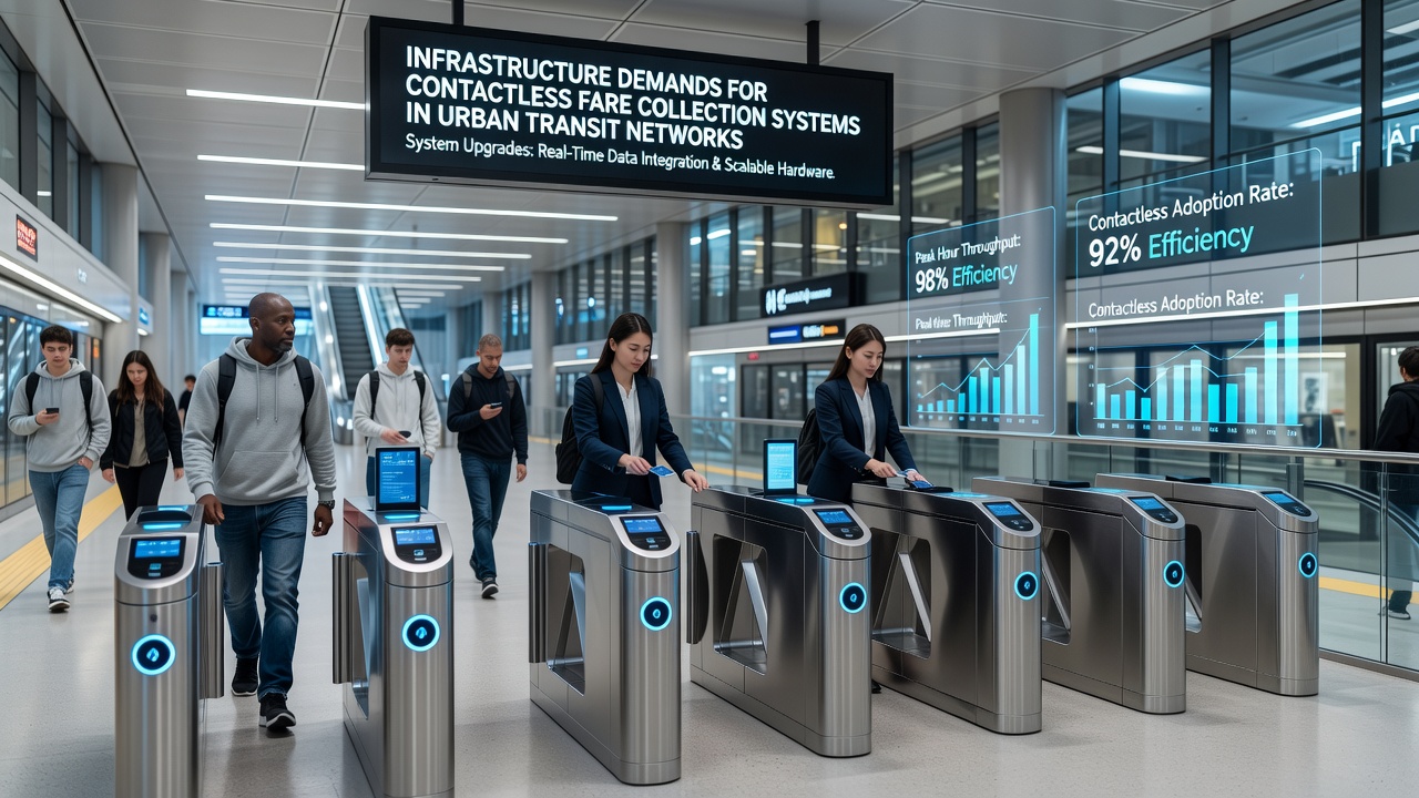 Backend control room showing servers and dashboards monitoring contactless transaction flows across a city transit network