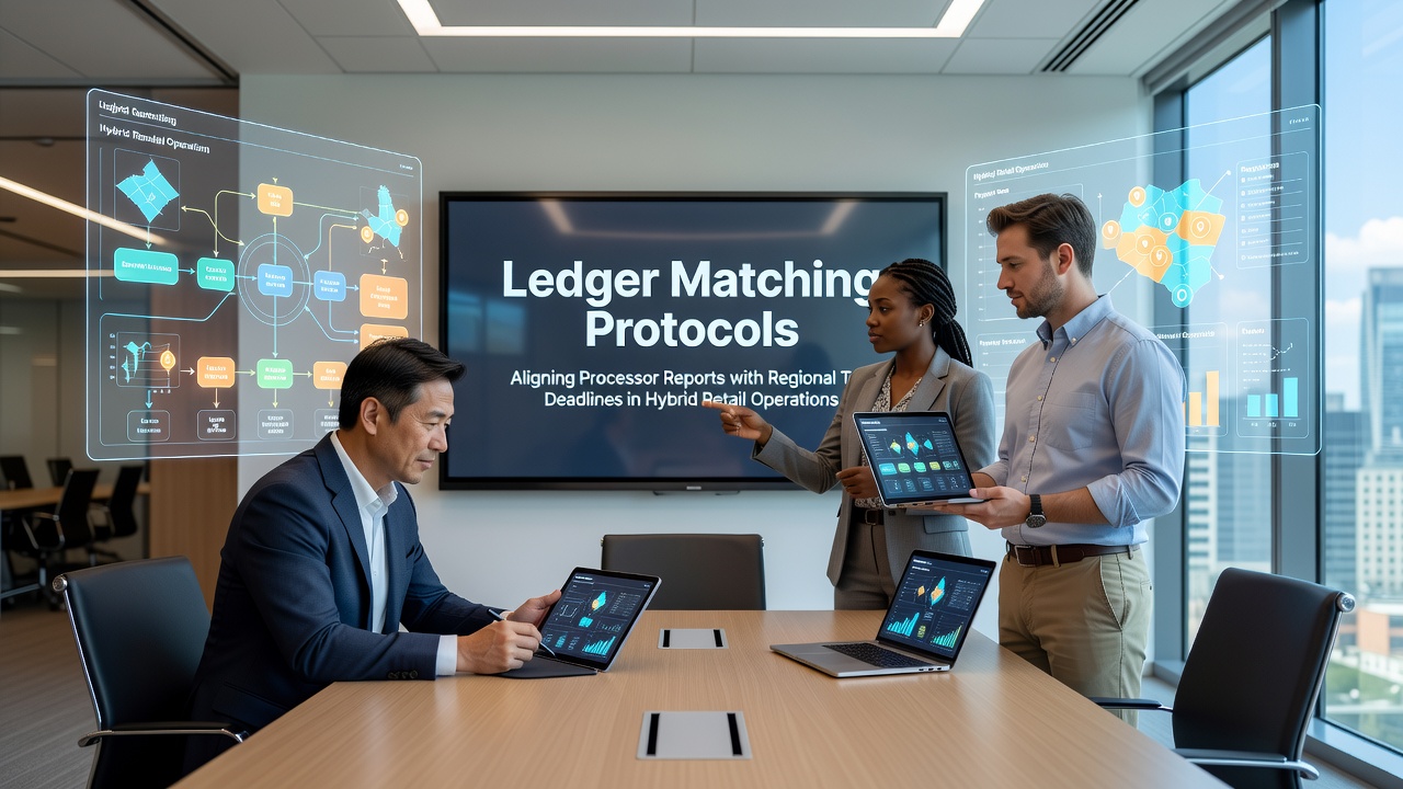 Hybrid retail operations showing integrated online and physical store payment systems with ledger synchronization displays
