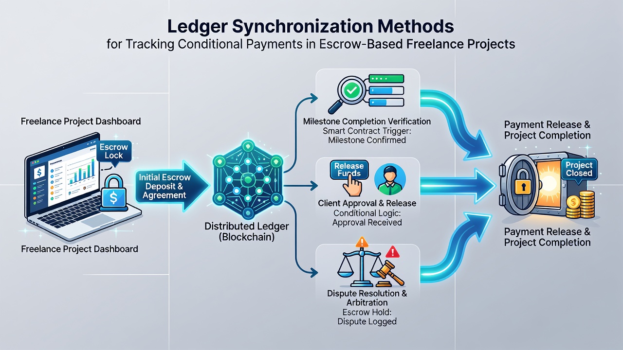 Flowchart of conditional payment releases synced across escrow ledgers for freelance projects