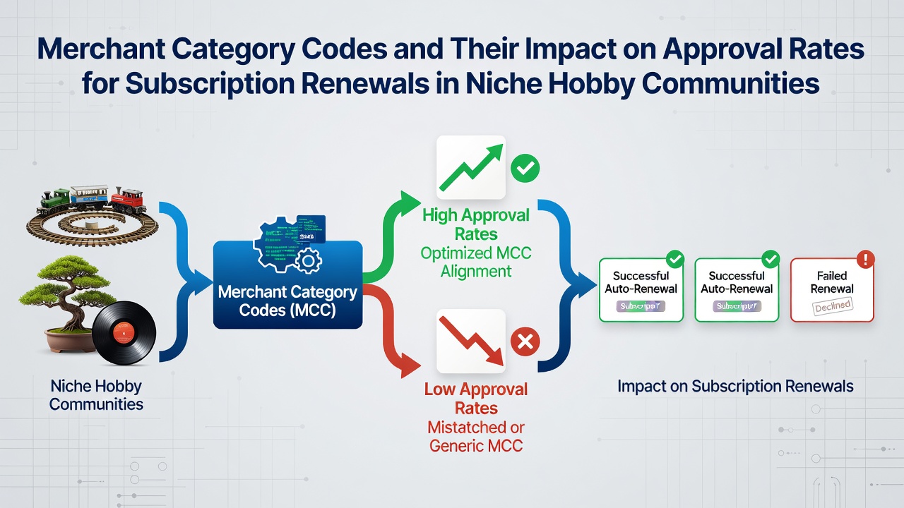 Diagram showing merchant category codes assigned to various hobby-related businesses and their effect on transaction processing flows