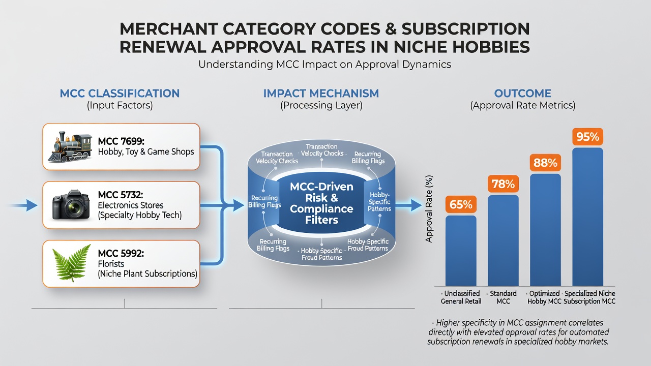 Payment processor dashboard displaying approval metrics segmented by merchant category codes for hobby subscription services