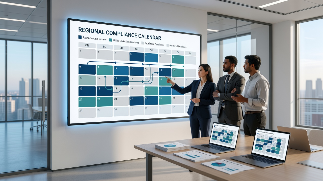 Utility billing team mapping authorization sequences against multi-province compliance deadlines