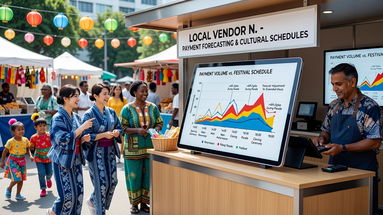 Payment terminals and vendor activity during a crowded cultural festival with diverse attendees