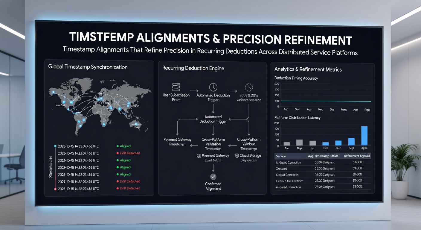 Diagram showing timestamp synchronization flow between regional data centers managing subscription billing cycles