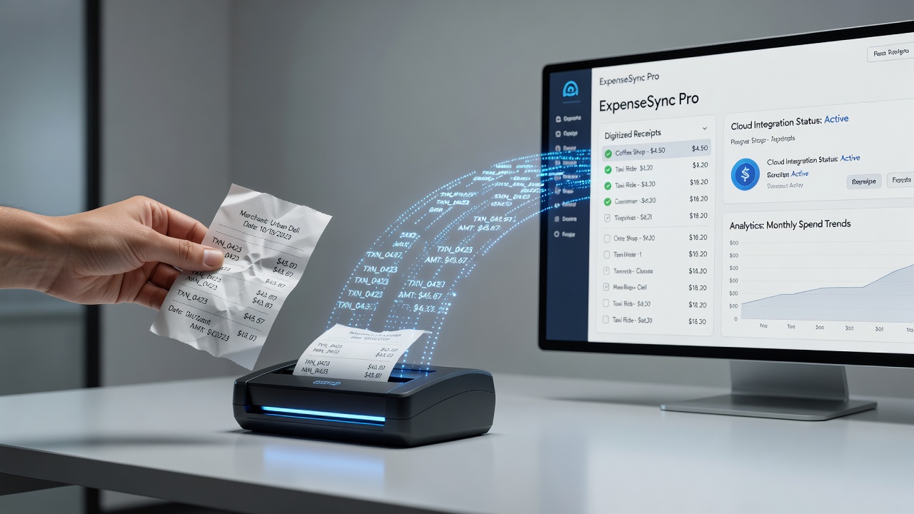 Integration diagram of receipt data flowing into expense management dashboard with API connections