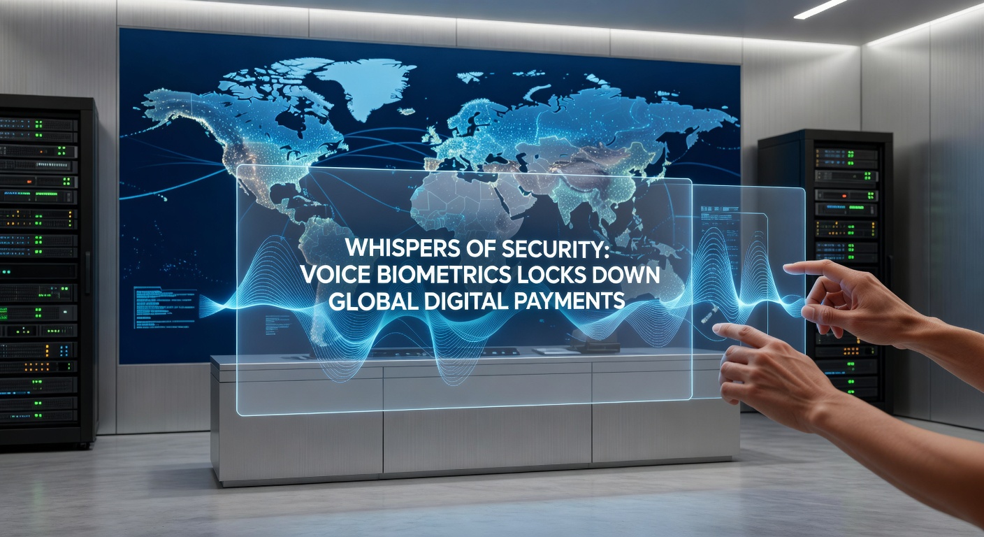 Illustration of a voice waveform transforming into a secure digital lock for payment authentication