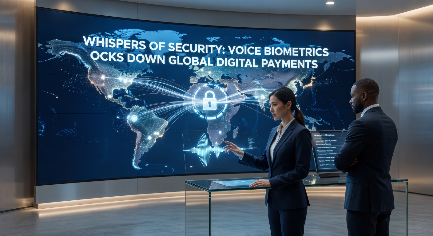 Global map highlighting voice biometrics adoption in digital payments across continents, with icons for banks and fintechs